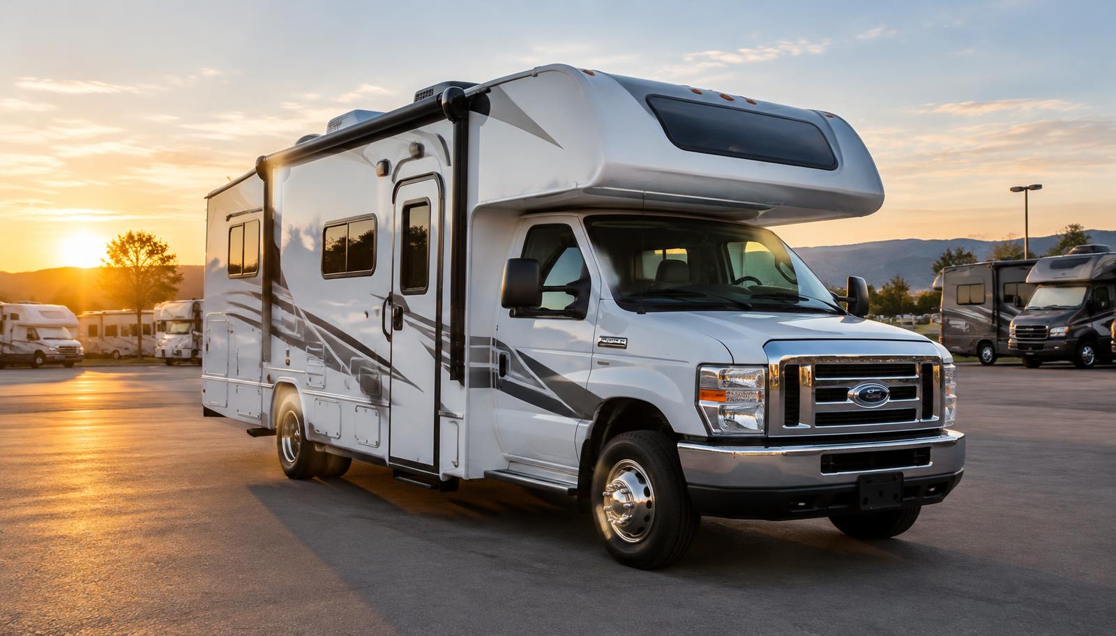A used Class C motorhome on a dealership lot